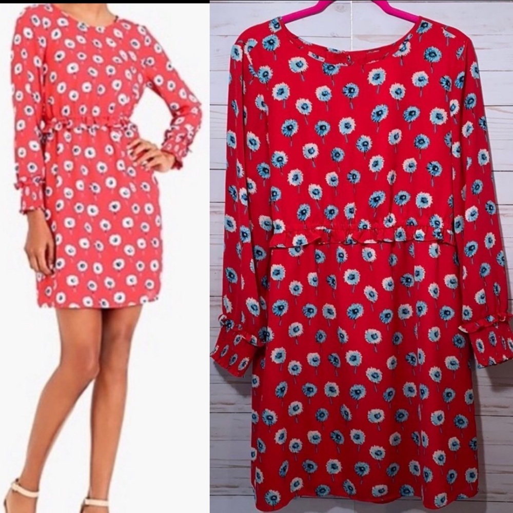 J Crew Red Floral Long Sleeve Ruffle Dress